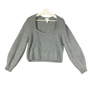 H&M Ribbed Knit Square Neck Wool Sweater Womens SZ XL Gray Crop Balloon Sleeve